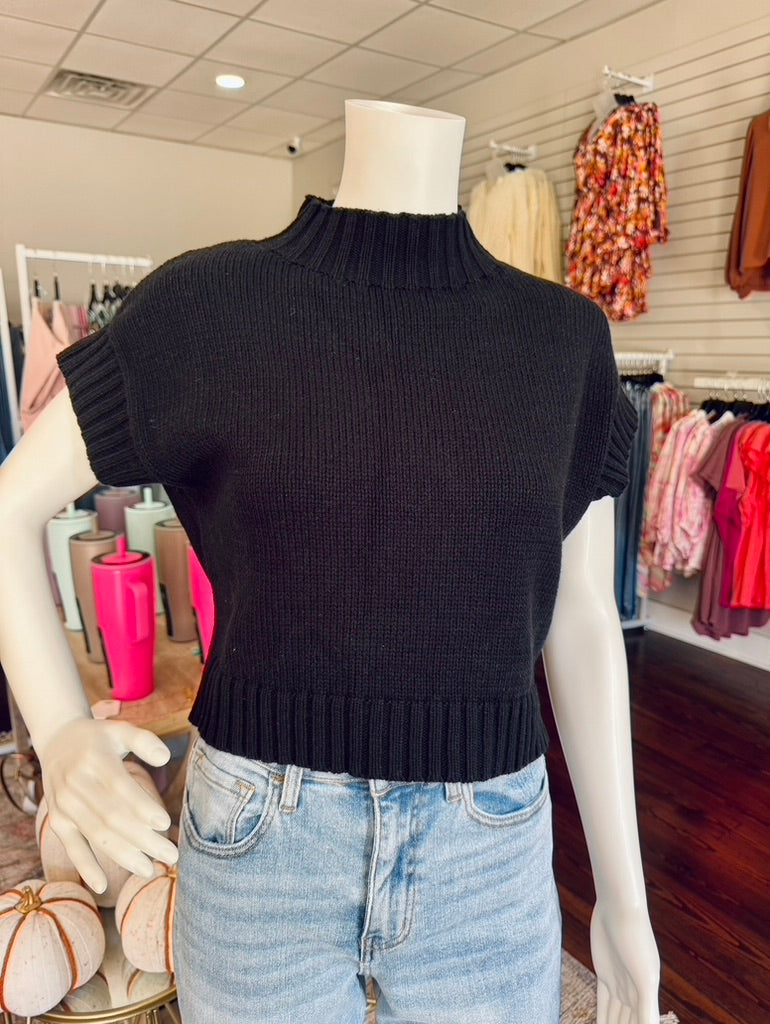Black Cropped Short Sleeve Sweater
