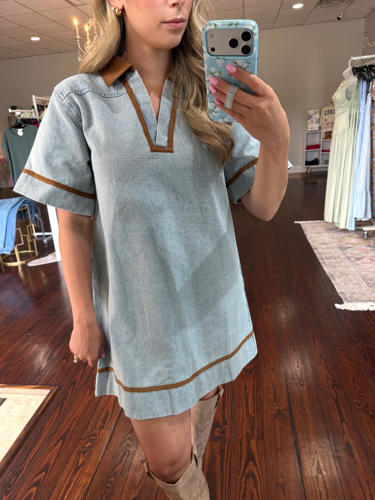 Corduroy Trim Denim Dress