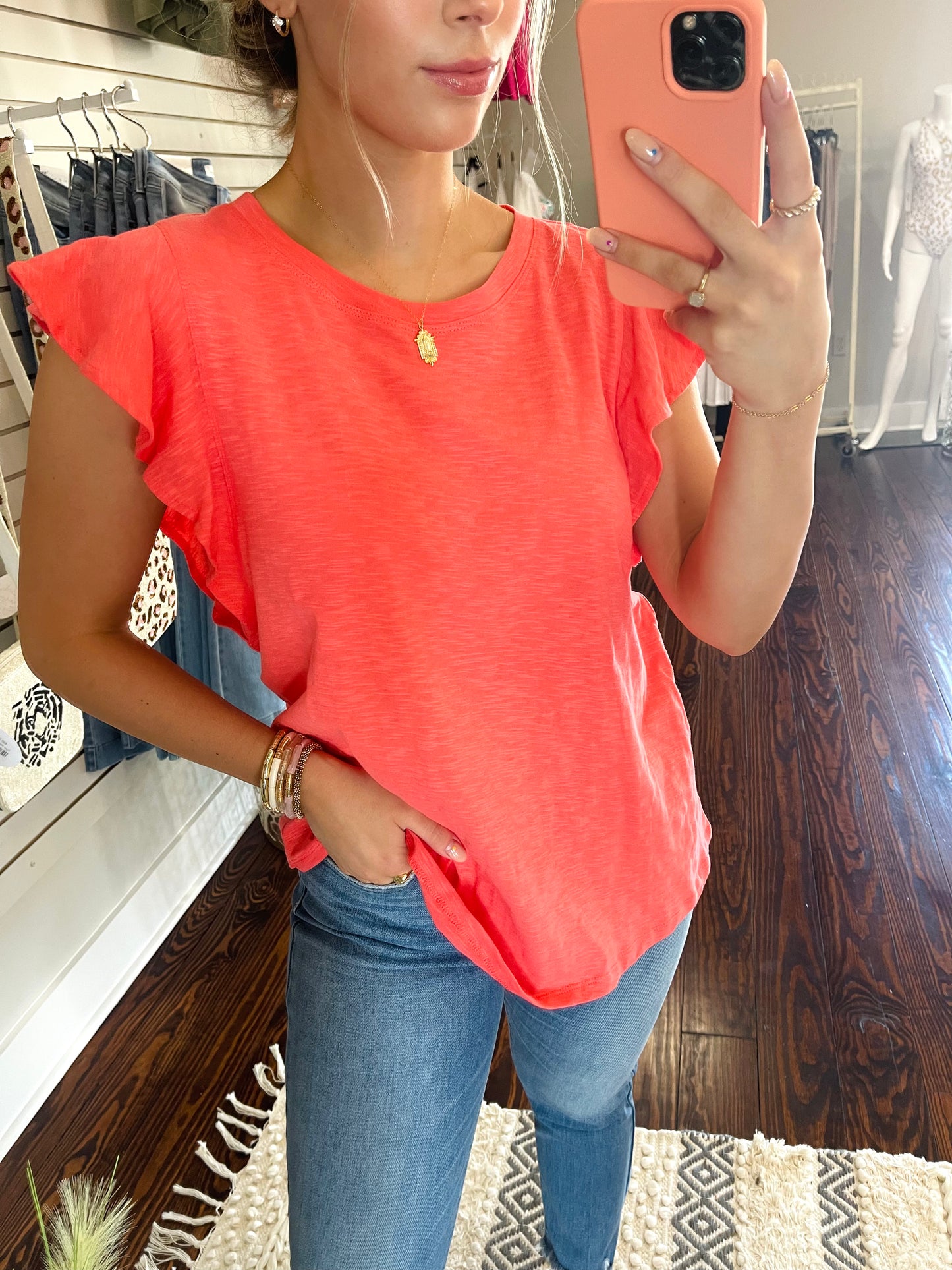 Coral Ruffle Sleeve Top