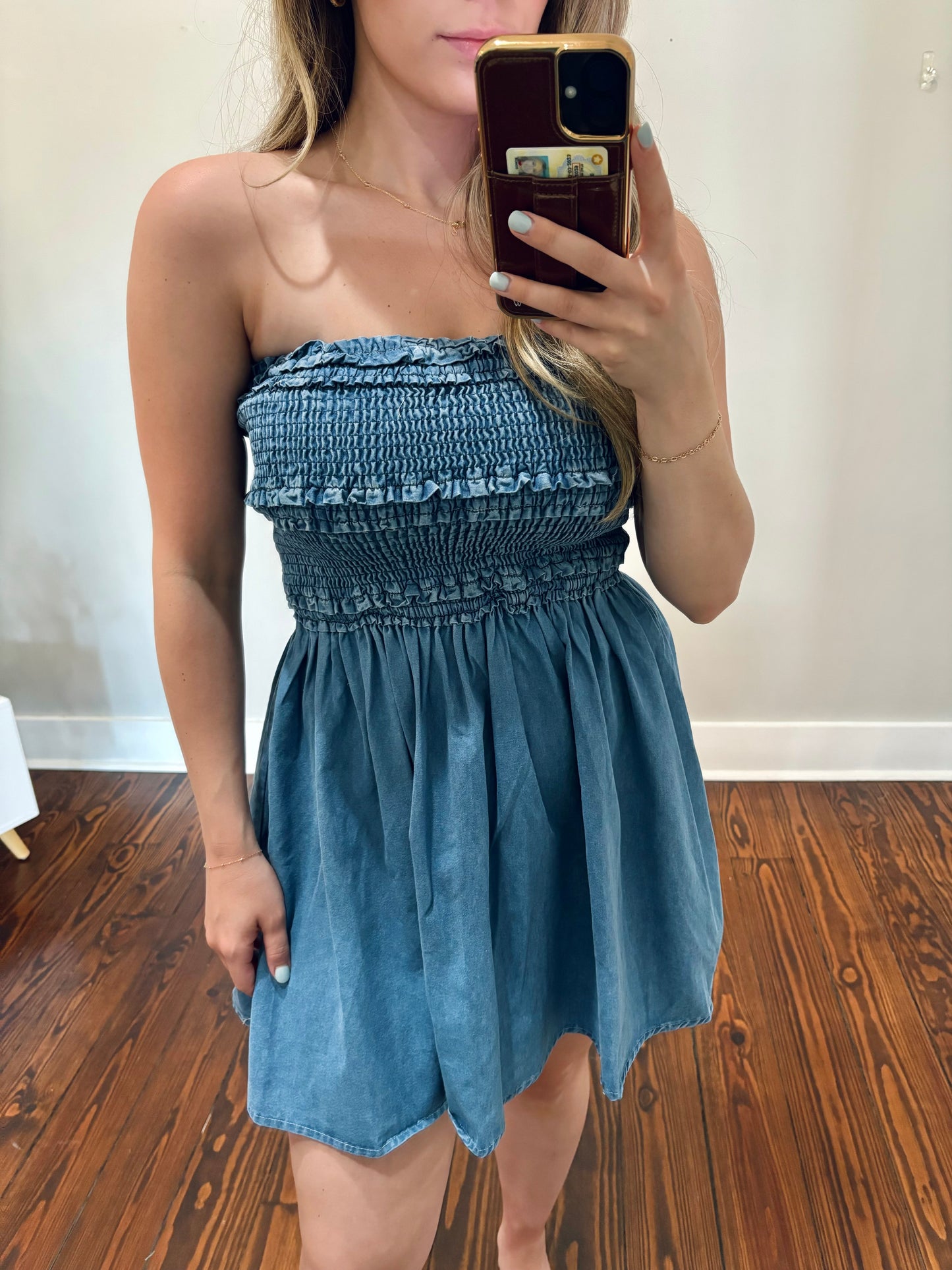 Denim Smocked Mini Dress