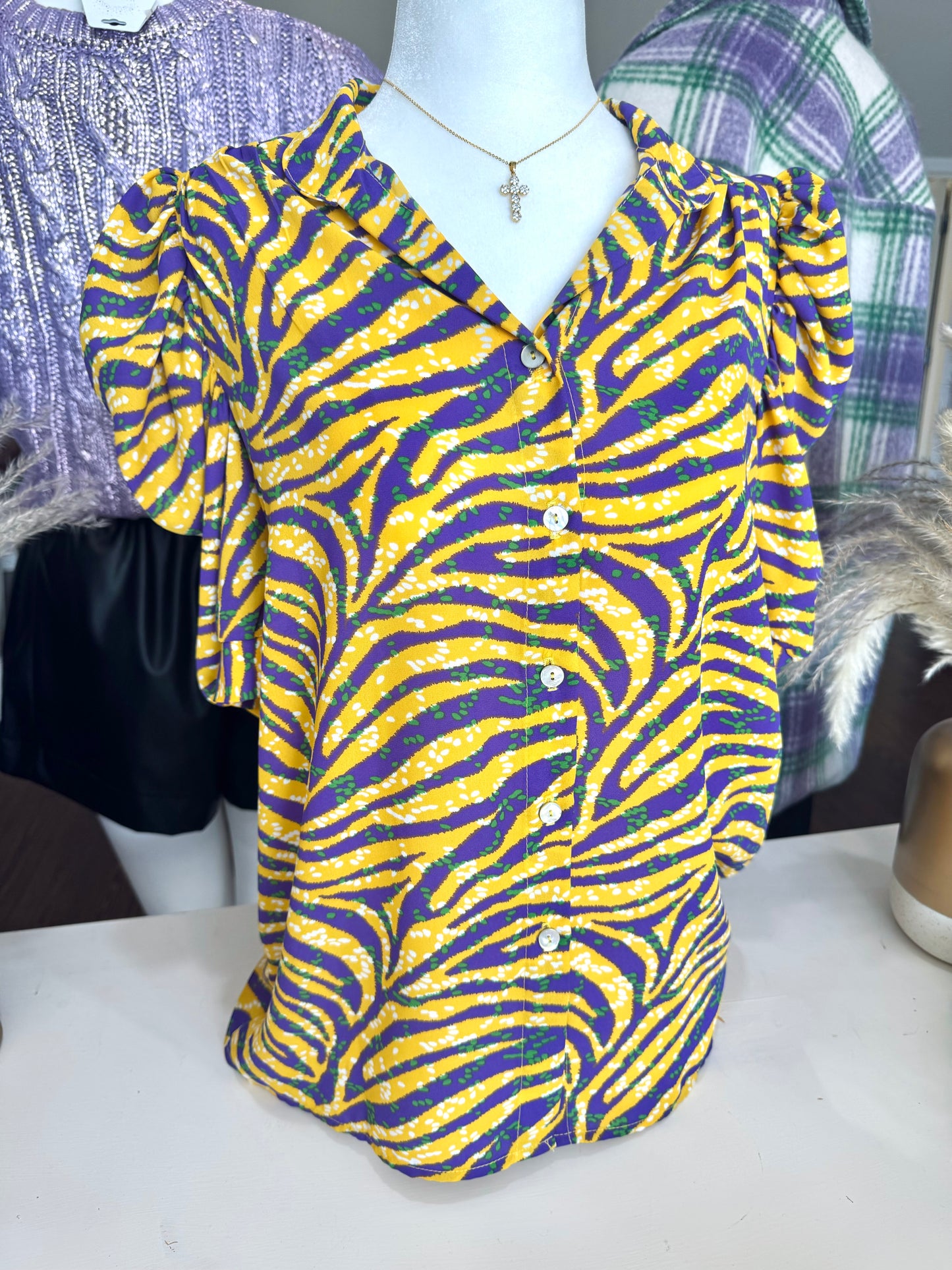 Mardi Gras Puff Sleeve Blouse