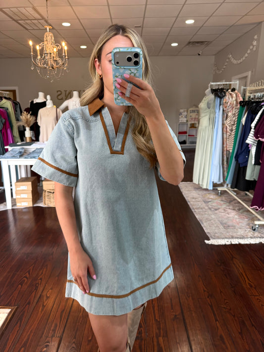 Corduroy Trim Denim Dress