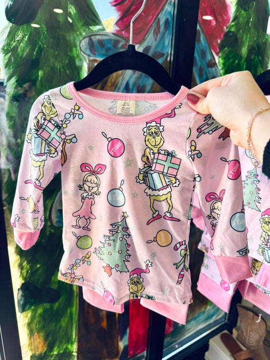 Pink Grinch Christmas Kid PJ Set