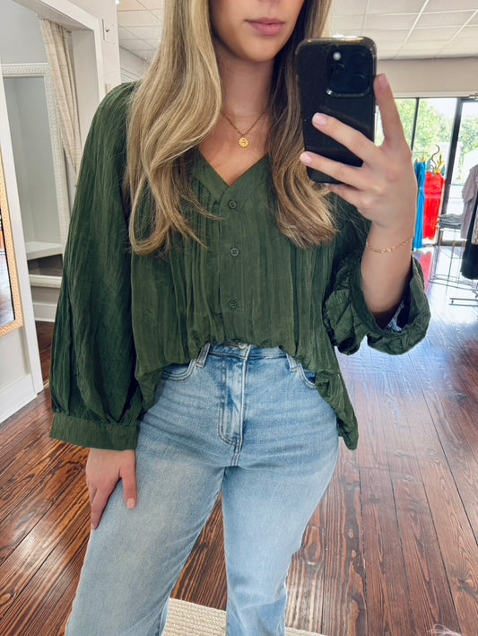 Olive Balloon Sleeve Blouse