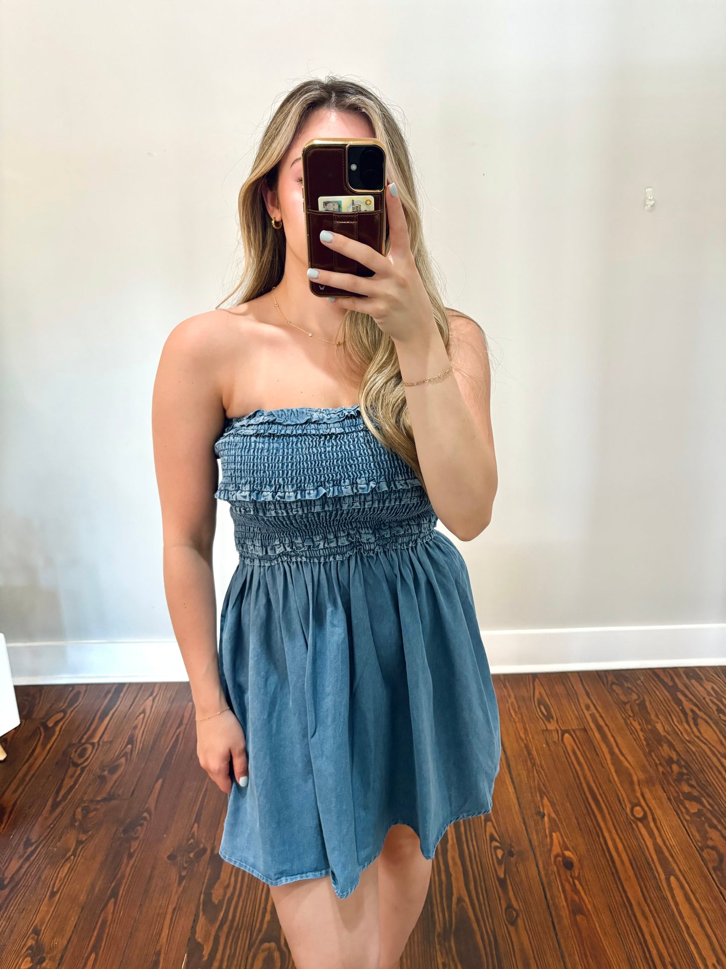 Denim Smocked Mini Dress
