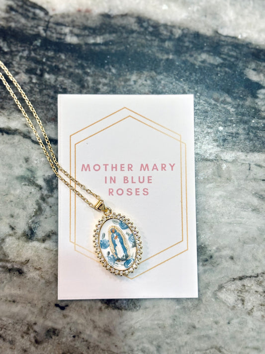Mary in Blue Roses Necklace