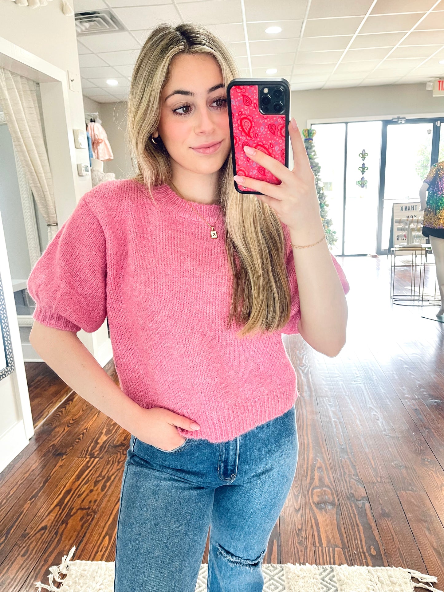 Pink Puff Sleeve Sweater Top