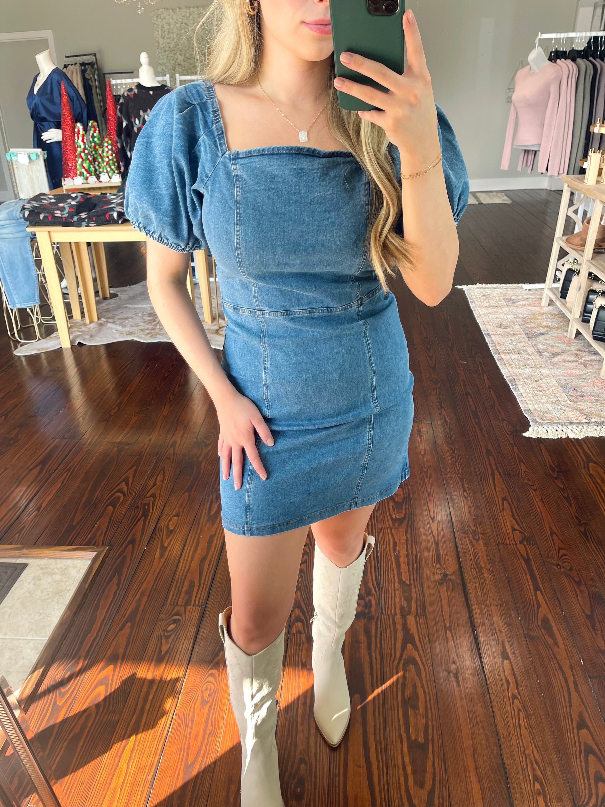 Denim Puff Sleeve Dress – Kiki Lynn's Boutique Denim Puff Sleeve Dress – Kiki Lynn's Boutique
